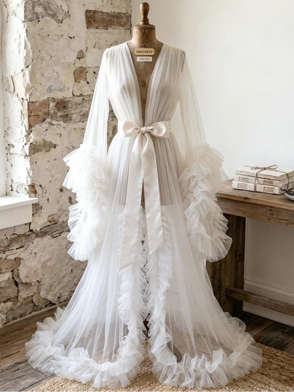 Elegant White Sheer Ruffle Robe with Satin Tie - Picture 1 of 4